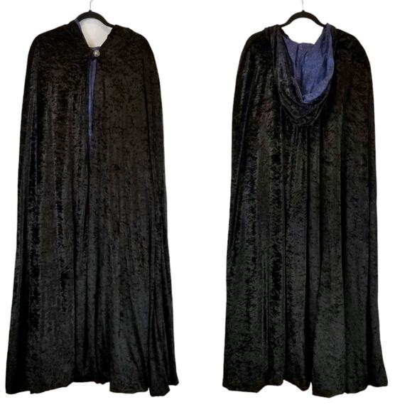 Unisex Long Cape Black Hooded Crushed Velvet Men's Women's Halloween Vampire - Picture 1 of 6